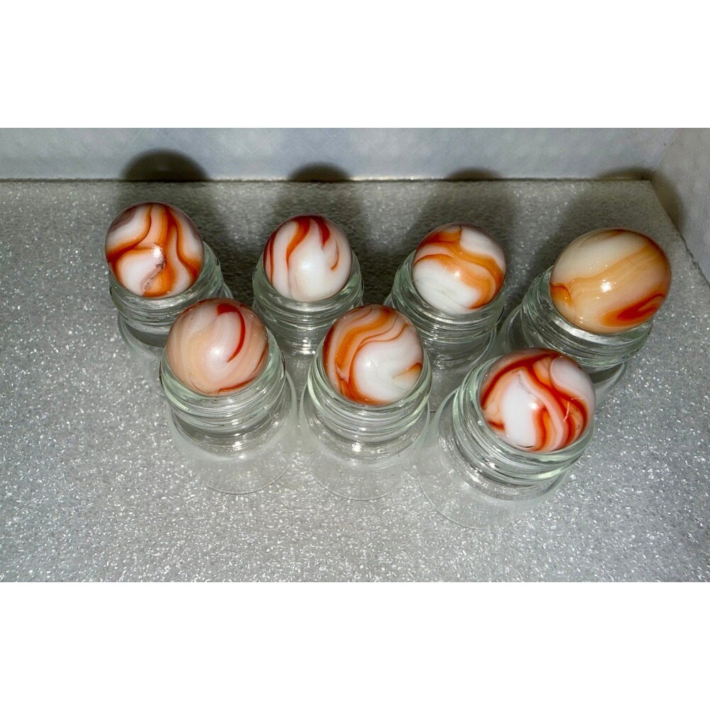Vintage Akro Agate Slag Glass Marbles Lot of 7 UV Reactive Cadmium Orange White